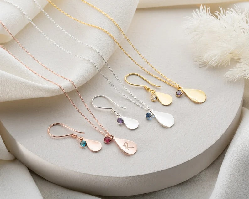 Teara Sparkle Set – Personalized Initial &amp; Birthstone Necklace + Earrings