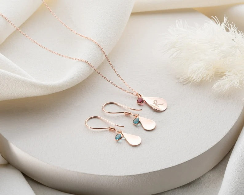 Teara Sparkle Set – Personalized Initial &amp; Birthstone Necklace + Earrings